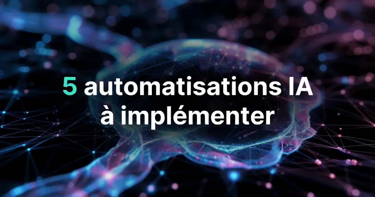 Schéma des 5 automatisations IA par département: marketing, support, RH, ventes, facturation
