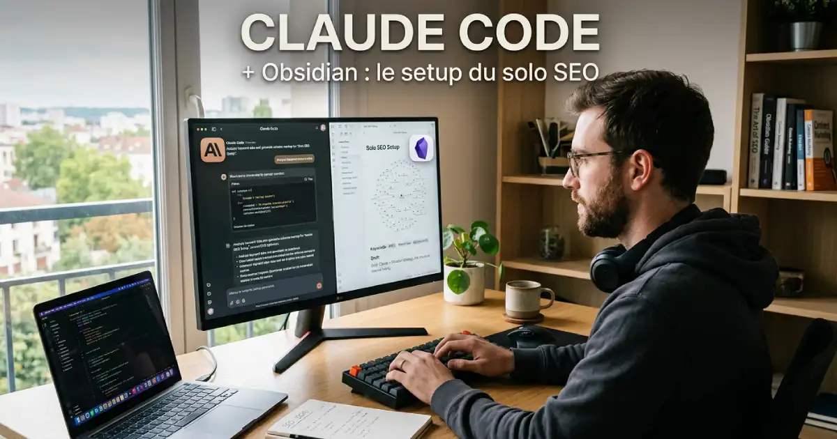 Setup Claude Code et Obsidian pour solo SEO : terminal et vault markdown ouverts côte à côte