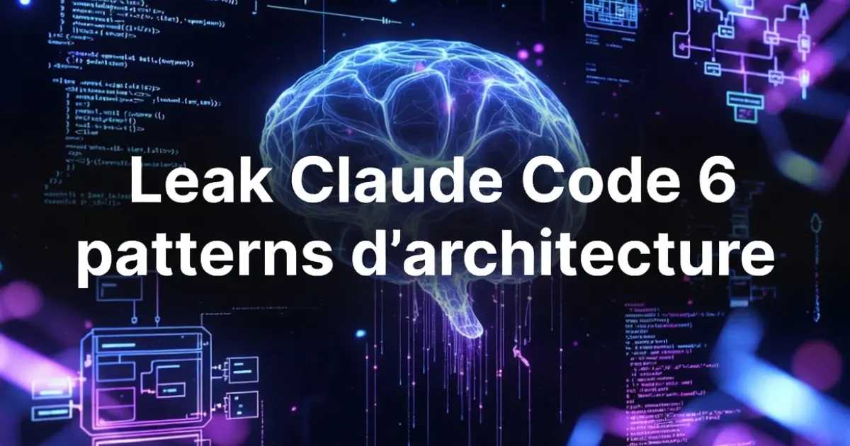 Schéma des 6 patterns d’architecture extraits du leak Claude Code: mémoire 3 couches, impératif, autodream, sous-agents