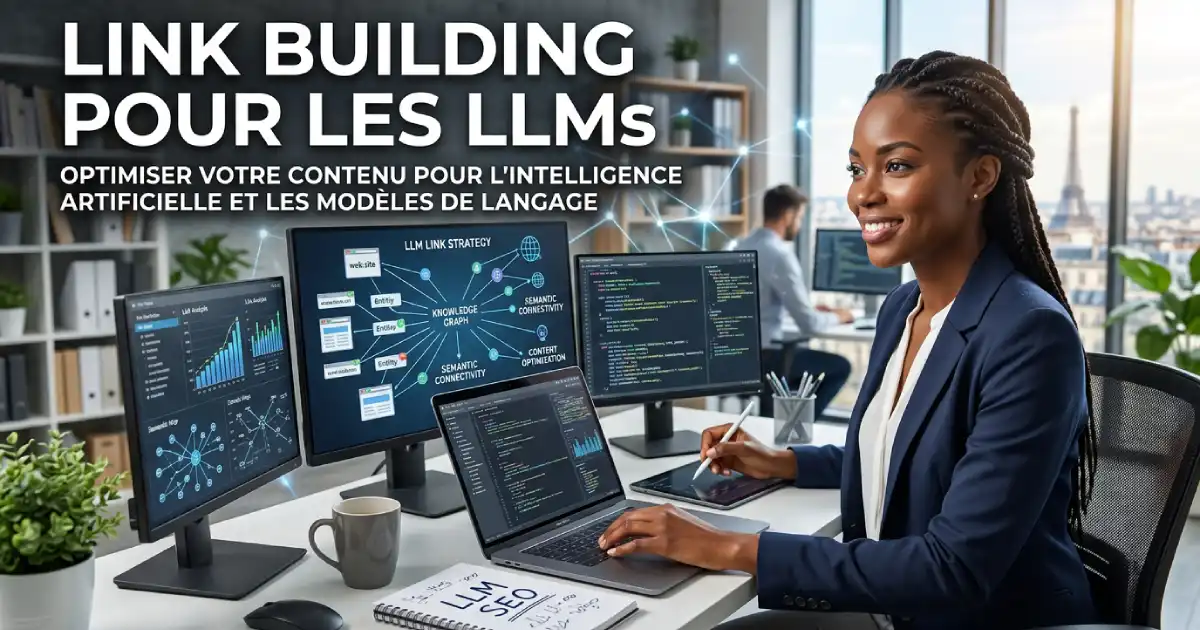 Schéma du link building pour LLMs: identification des sources citées par ChatGPT et Perplexity, prospection et inclusion