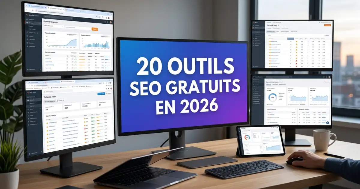 Liste des 20 meilleurs outils SEO gratuits en 2026 classés par catégorie avec gradient violet