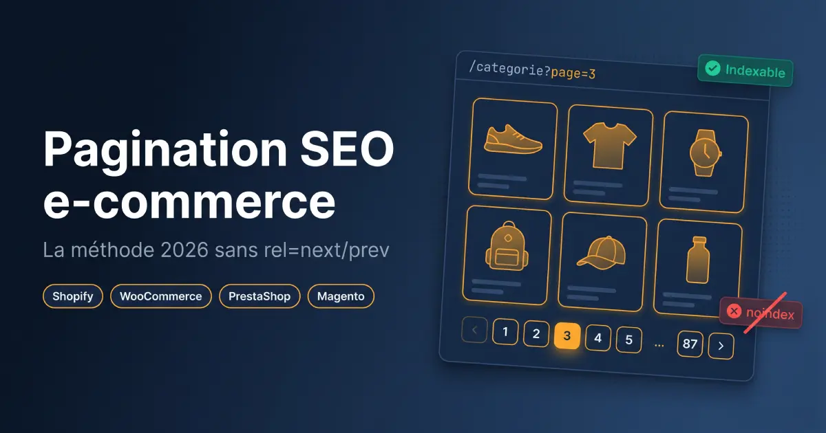 Schéma pagination SEO e-commerce 2026 : 5 erreurs fréquentes, comparatif Shopify WooCommerce PrestaShop Magento, checklist d’audit